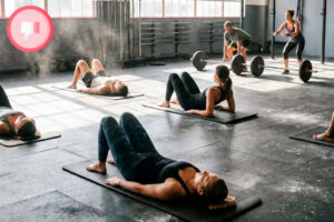 Pilates improvisado em ambiente insalubre dentro de academia, com alunos treinando no chão compartilhado e sem estrutura adequada em Pindamonhangaba.